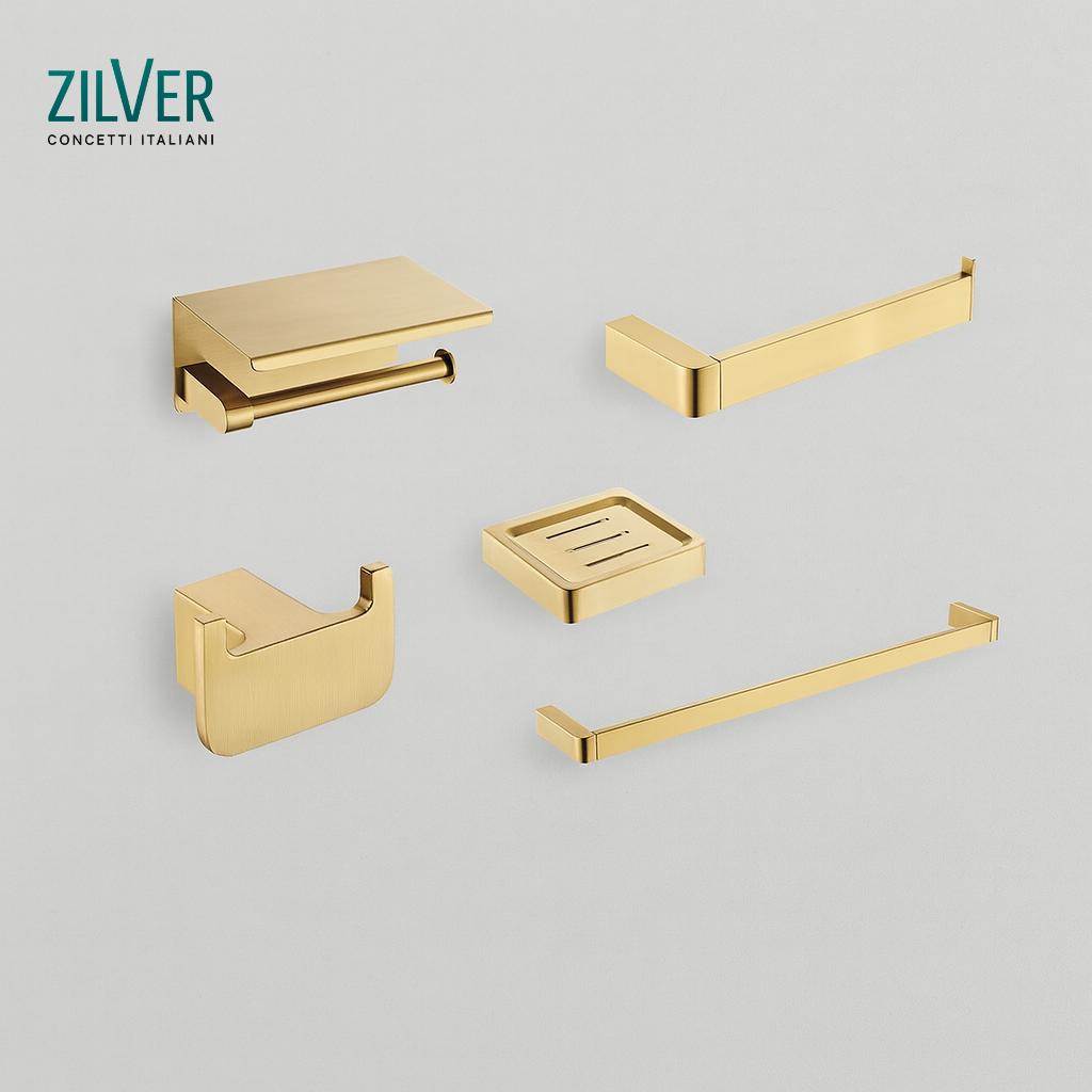 Zilver Bathroom Accessories Set (5 Pieces Brush Gold) ::ID:: 066BG