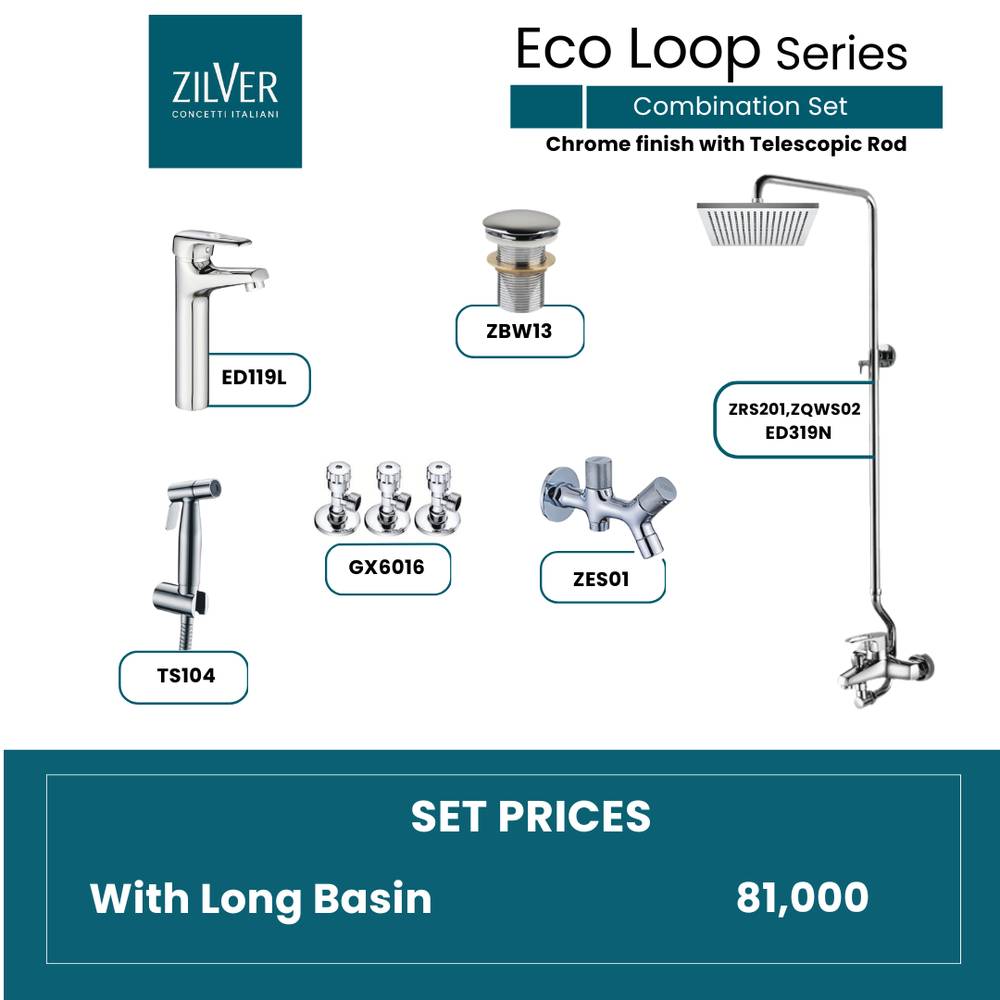 Zilver Eco Loop Series Chrome Open Shower Set Telescopic Rod Long Basin ID::ED02